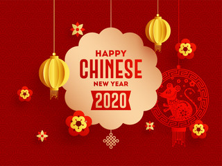 Naklejka premium 2020 Chinese Happy New Year greeting card design with hanging rat zodiac sign and paper cut lanterns decorated on red seamless circle wave background.