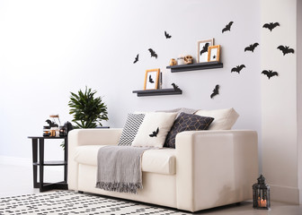 Modern room decorated for Halloween. Idea for festive interior