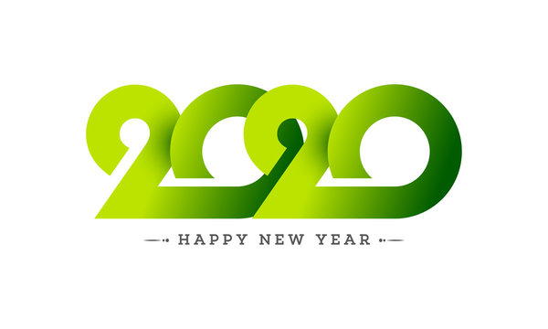 Green text 2020 in paper cut style on white background for Happy New Year celebration greeting card design.
