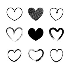 Set vector black hearts icon.Hand drawn for valentine's day.Brush design on white background.Vector illustration.Concept of love elements for card valentine. 