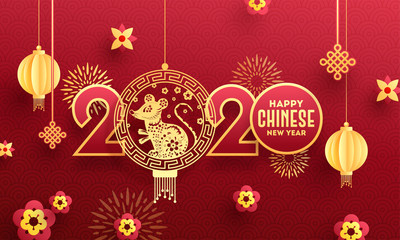 2020 Happy Chinese New Year greeting card design with hanging rat zodiac sign, paper cut lanterns and flowers decorated on red seamless circle wave background.