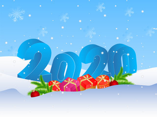 3D text 2020 with gift boxes, pine leaves and baubles on blue and white snowfall background for Happy New Year celebration.