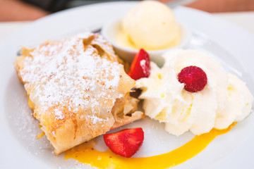 Real Viennese apple strudel in a cafe in Vienna, Austria