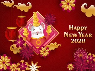 Chinese Happy New Year 2020 celebration greeting card design with cartoon rat holding ingot, paper cut lanterns and flowers decorated on red seamless circle wave background.