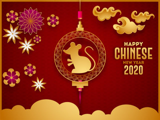 Happy Chinese New Year 2020 celebration greeting card design with holding rat zodiac sign, paper cut flowers and clouds decorated on stylish red seamless square pattern background.