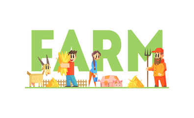 Fototapeta premium Farm Word with Little Farmers Characters Working on Farm Vector Illustration