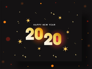 2020 text with golden stars and confetti decorated on black bokeh background for Happy New Year celebration greeting card design.