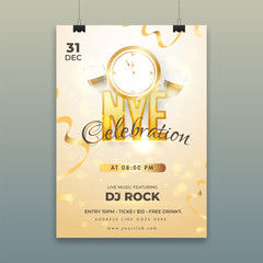 Advertising template or flyer design with clock, wine glass and event details for NYE Celebrations.