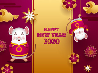 2020 Celebration greeting card design decorated with paper cut flowers, cloud and cartoon rats for Happy Chinese New Year.