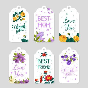 Creative Gift Tags Collection, Floral Card For Anniversary, Birthday, Valentine, Party Invitation Vector Illustration