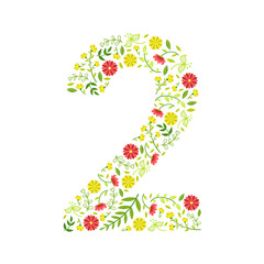 Number 2, Green Floral Number Made of Leaves and Flowers Pattern Vector Illustration