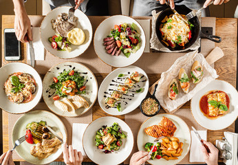 Christmas banquet  with many dishes, top view