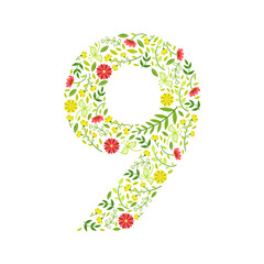 Number 9, Green Floral Number Made of Leaves and Flowers Pattern Vector Illustration