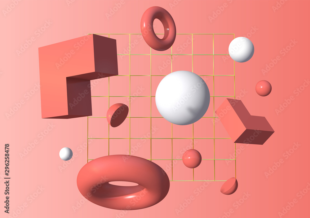 Poster 3d shapes flying in front of the golden grid over pink background