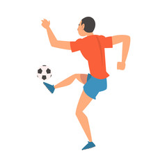 Fototapeta na wymiar Soccer Player in Sports Uniform Kicking the Ball, Professional Athlete Character in Red T-shirt and Blue Shorts in Action, View from Behind Vector Illustration