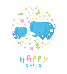 Happy Child Banner Template, Pink Mother and Kid Elephants, Cute Childish Poster, Greeting or Invitation Card, Print for T-shirt Design Element Vector Illustration