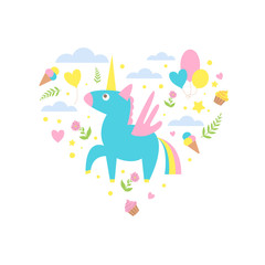 Magic Unicorn with Clouds and Ice Creams of Heart Shape, Cute Childish Poster, Greeting or Invitation Card, Print for T-shirt Design Element Vector Illustration