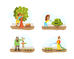 Fototapeta premium Men and Women Harvesting, Watering Plants, Shearing Hedge, Farmers Characters Working in Garden or Farm Vector Illustration