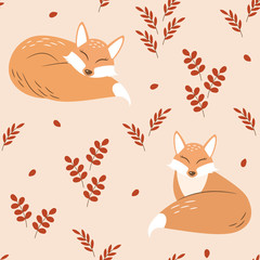 Autumn seamless repeat pattern with cute sleeping foxes and leaves