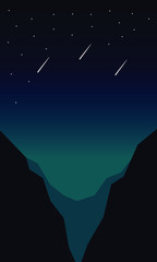 falling stars in the sky on a mountain scenery flat illustration vector design
