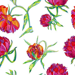 beautiful floral seamless pattern, watercolor flowers peonies on a white background, lush buds, red, purple, pink petals, green leaves.
