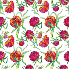 beautiful floral seamless pattern, watercolor peonies on a pure white background, many small flowers, ditsy ornament.