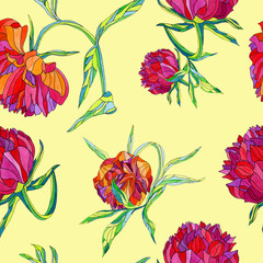 floral seamless pattern on a soft yellow background, watercolor flowers peonies, lush buds, purple, red, pink, orange petals. beautiful feminine print.