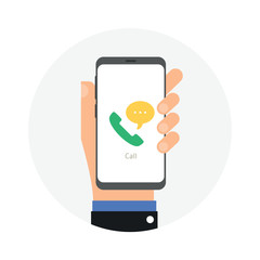 Phone call, incoming call, answer, ringing phone concepts. Hand holding smartphone with green handset icon and waves, Modern flat design vector illustration stock illustration