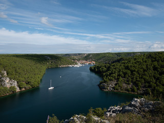 Fototapeta na wymiar River Krka near the historic city of Sibenik, Croatia, located in central Dalmatia along the Adriatic Sea. 