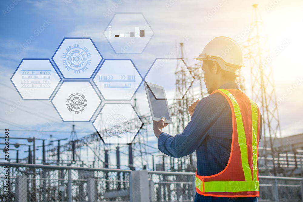 Poster engineer holding tablet technology data system network innovation development power plant background