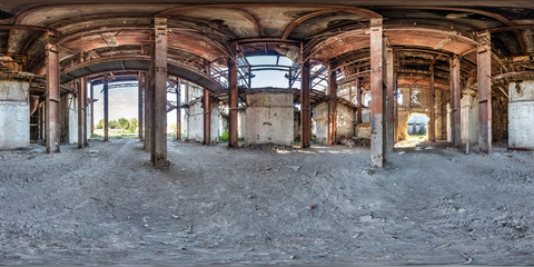 Fototapeta na wymiar Full spherical seamless hdri panorama 360 degrees angle view concrete structures of abandoned ruined building of cement factory in equirectangular projection, VR AR content