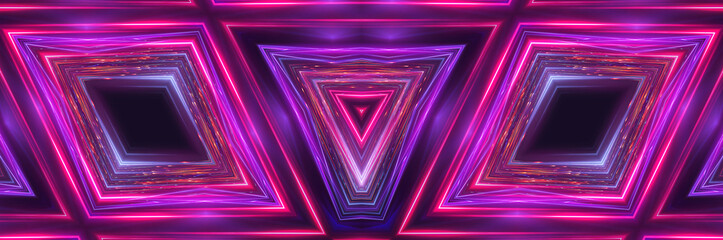  Dark abstract futuristic background. Neon lines glow. Neon lines, geometric shapes. Pink and blue glow. Abstract neon light, night view.