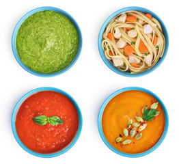 Soups collection isolated on a white background. Pumpkin, chicken, tomato, gazpacho, green pea, broccoli, kale and spinach.
