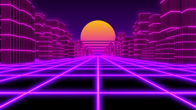 City Synthwave retro futuristic 80's neon cyber landscape with laser grid