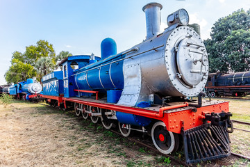 Fototapeta na wymiar Old retro steel locomotive train standing on the rails in Livingstone, Zambia