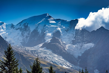 Mont Blanc massif landscape in Alps, French side.