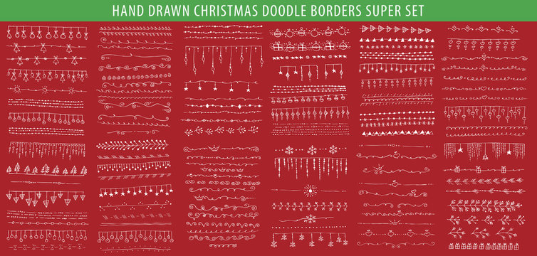 Hand drawn Christmas line, border, frame vector doodle design element set. Template for invitation or greeting card.