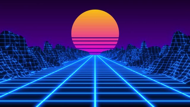 80s Retro flight over grid - Synthwave / Vaporwave / Retrowave style