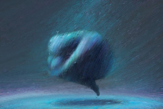 Sadness man floating in blue space surreal painting illustration