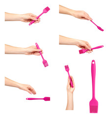Silicone kitchen brush, pink cooking accessory, set and collection.