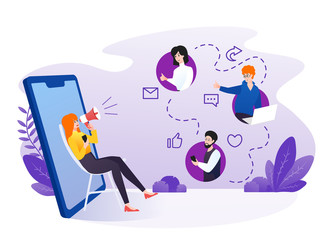 Woman Referring friends with smartphone illustration. Referral marketing, affiliate marketing, network marketing, business partnership, referral program strategy