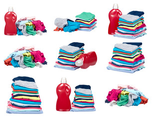 Colored cloth pile, stacked washing textile, set and collection.