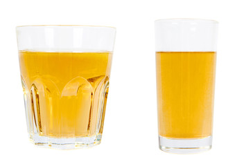 Apple juice in glass, golden cider in cup, set and collection.