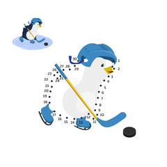 Fototapeta premium Dot to dot game. Educational number puzzle for kids. Penguin playing hockey. Funny bird in cartoon style. Isolated cute character