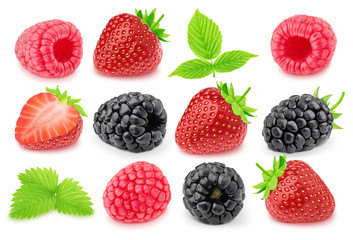 Multicolored collection of assortment of berries: strawberry, raspberry and blackberry isolated on a white background with clipping path.