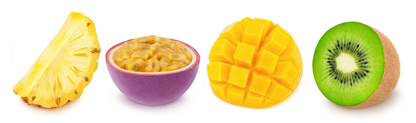 Multi-colored exotic set of passion fruit, pineapple, kiwi and mango, isolated on a white...