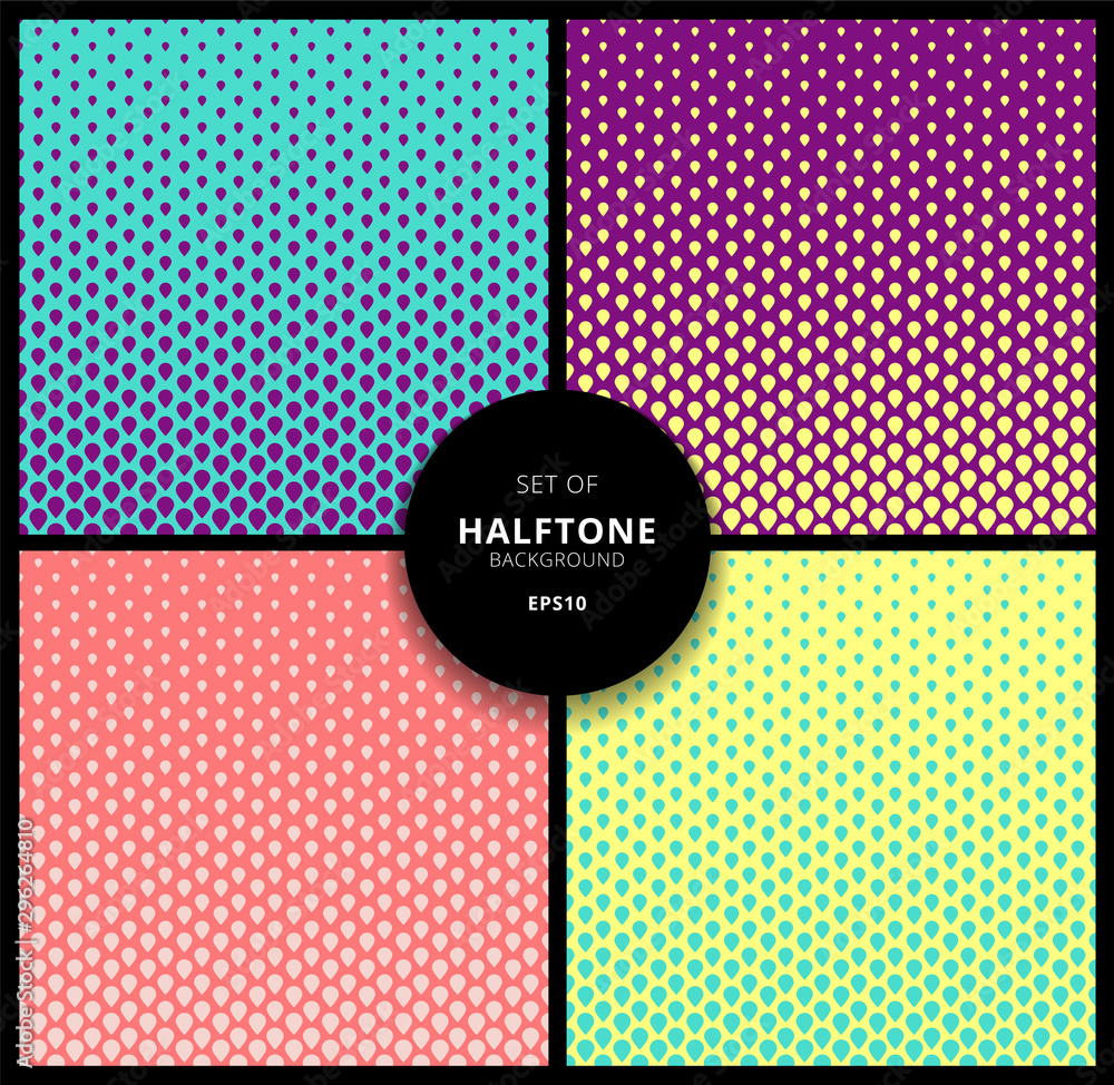 Aufkleber set of halftone cover page layouts design on vibrant gradient color background and texture.