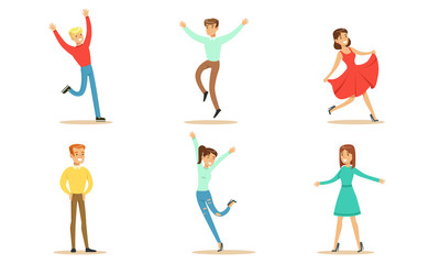 Happy People in Various Poses Set, Young Men and Women Dancing and Jumping Rejoicing at an Important Event Vector Illustration