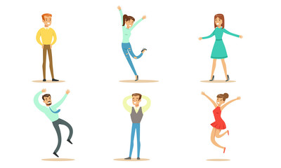 Happy People Set, Young Men and Women in Various Poses Rejoicing at an Important Event Vector Illustration