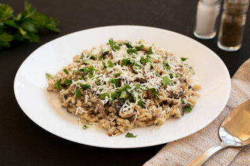 Homemade mushroom risotto with parsley on a white plate on a black surface, side view. 